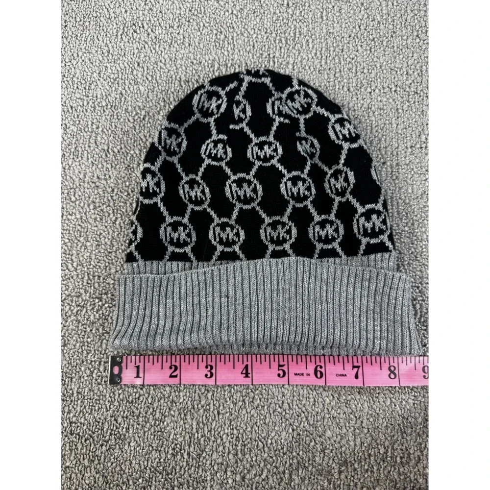 Michael Michael Kors Knit Beanie Hat Black Silver Metallic MK Monogram Logo